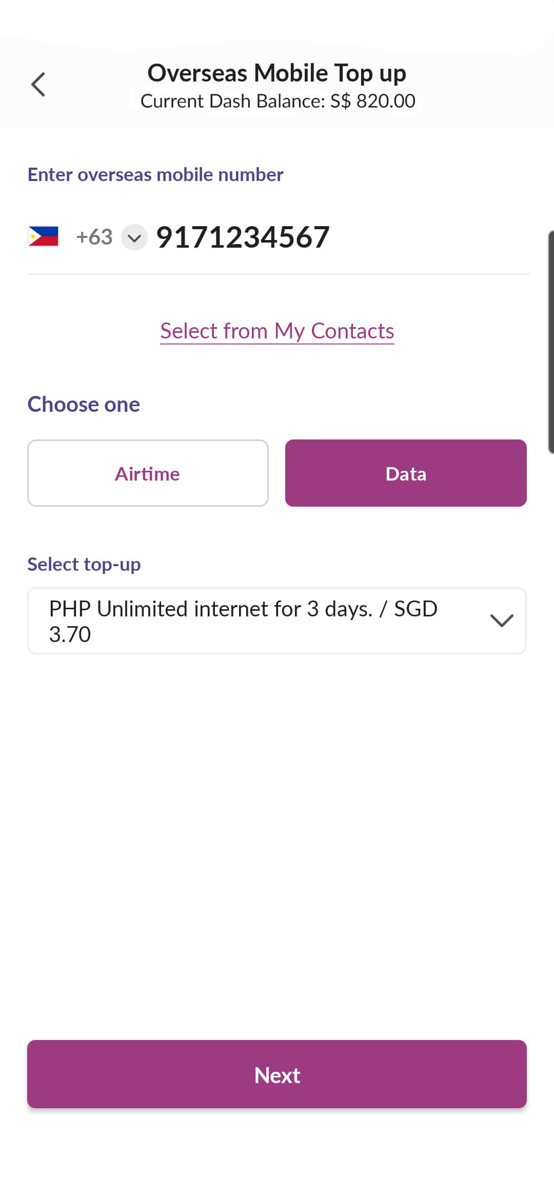 Key in mobile number