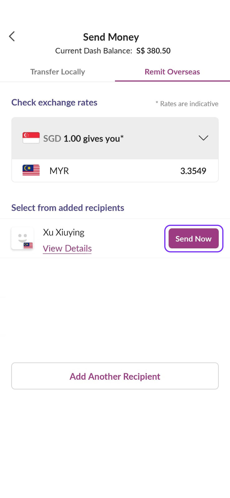 Tap 'Send Now' under an existing recipient