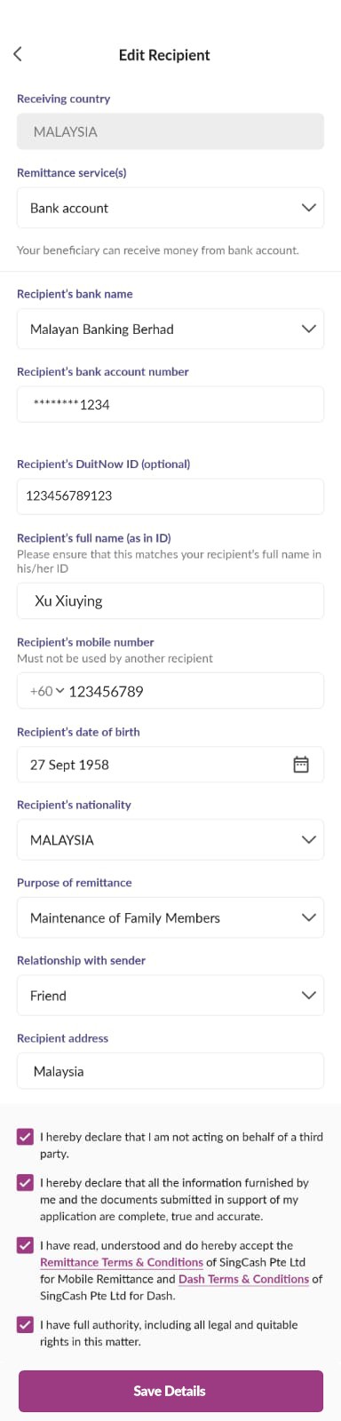Re-enter recipient's bank account number and add recipient's TNG DuitNow account number